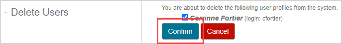 On Delete Users pane, under the list of users, the Confirm button is highlighted.
